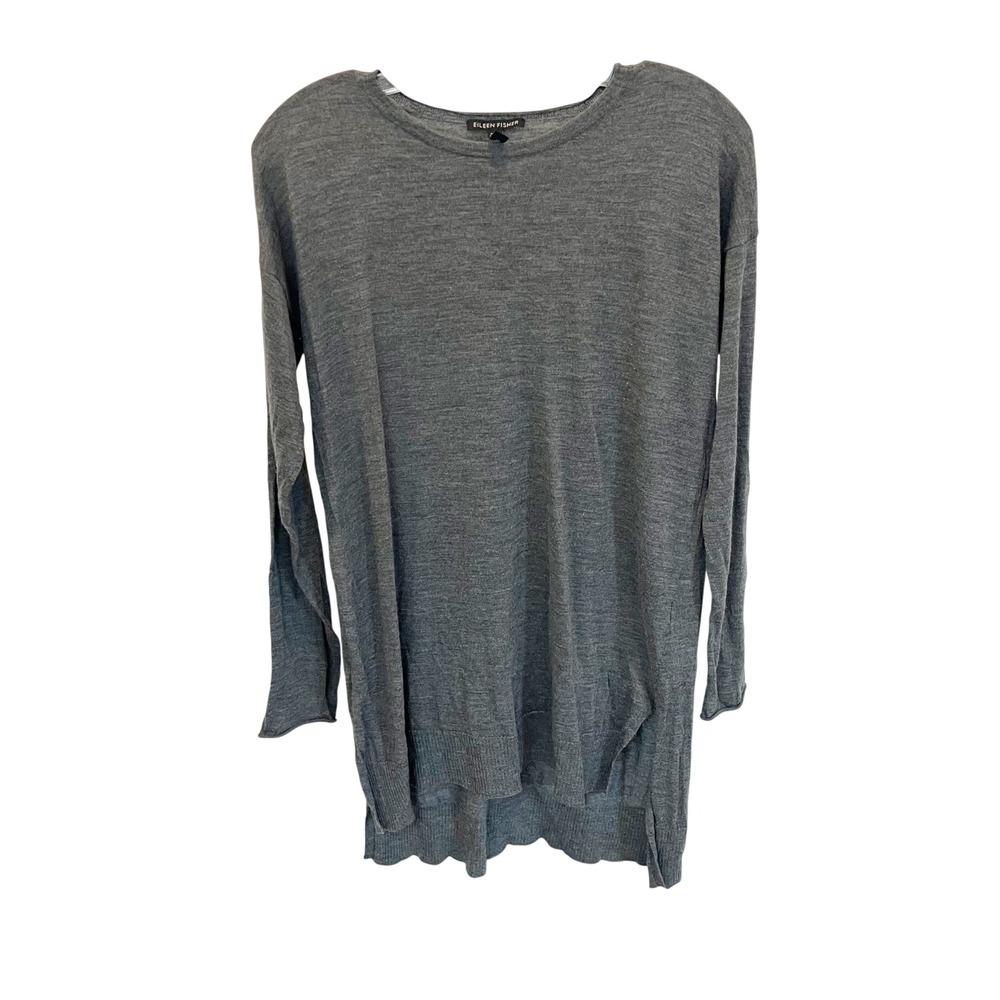 Eileen Fisher Gray Merino Wool Long Sleeve High Low Tunic Sweater Size XS